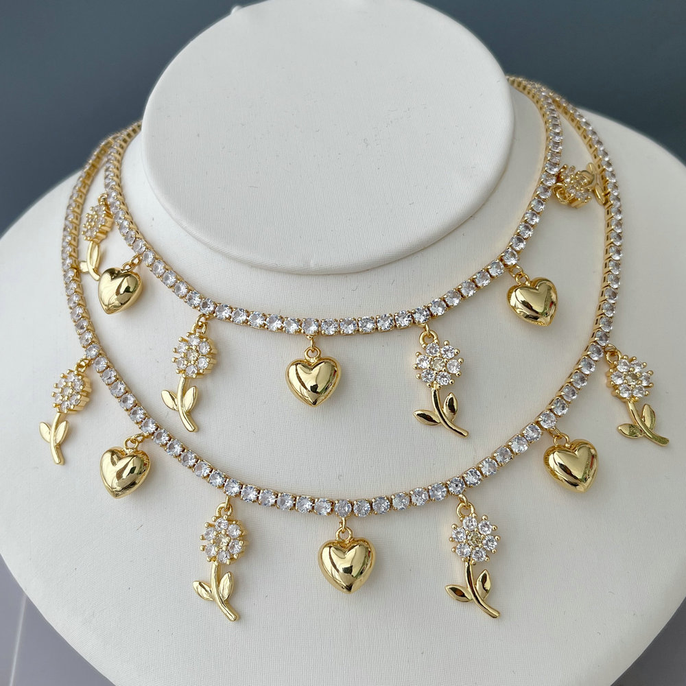 Pave flower heart charm tennis chain necklace