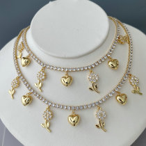 Pave flower heart charm tennis chain necklace