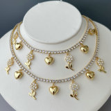 Pave flower heart charm tennis chain necklace