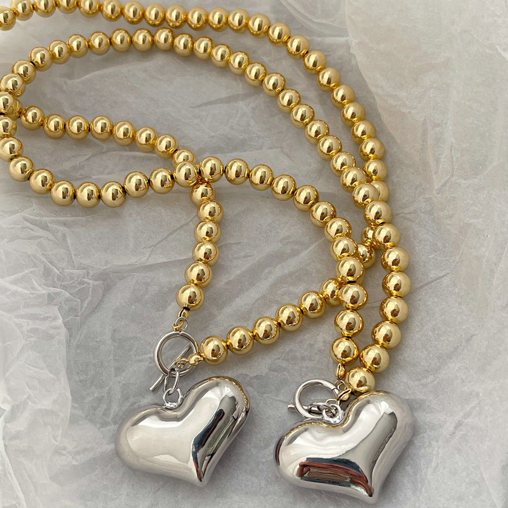 8MM gold ball necklace with heart pendant