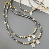 Square shell pendant crystal bead necklace