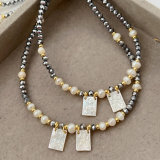 Square shell pendant crystal bead necklace