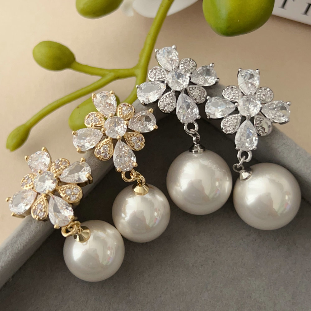 Pave zircon flower pearl earrings