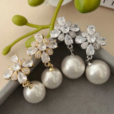 Pave zircon flower pearl earrings