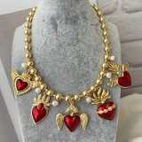 8mm gold ball necklace with enamel heart pendant
