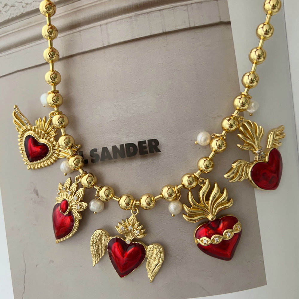 8mm gold ball necklace with enamel heart pendant
