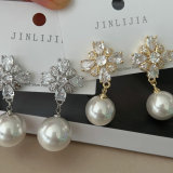 Pave zircon flower pearl earrings