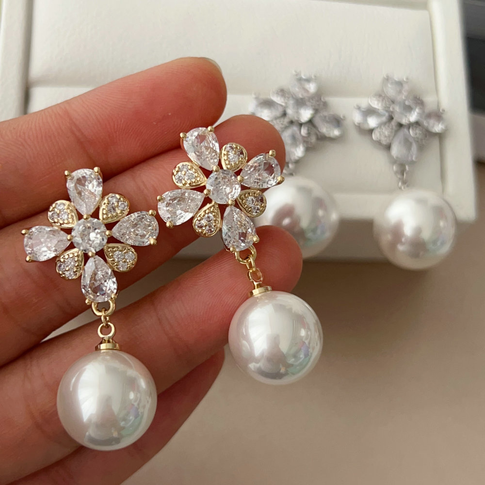 Pave zircon flower pearl earrings