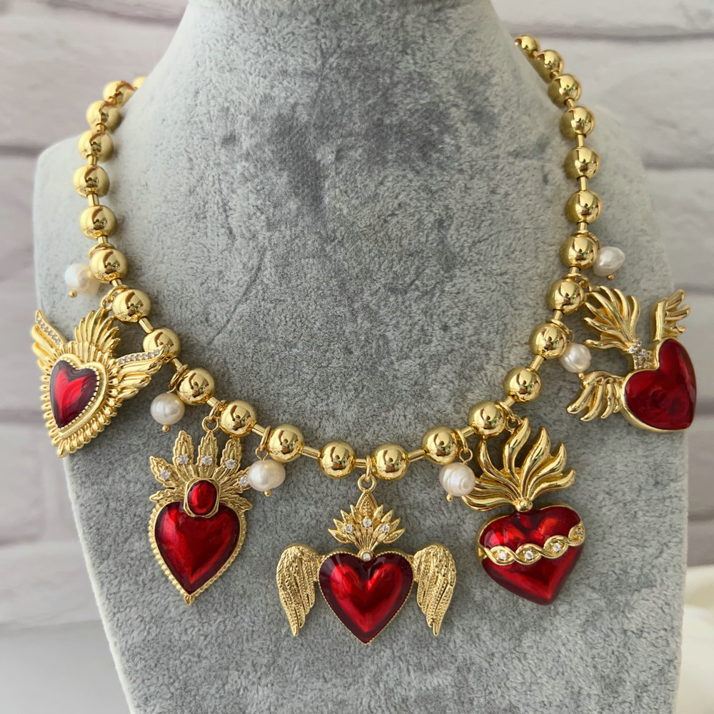 8mm gold ball necklace with enamel heart pendant