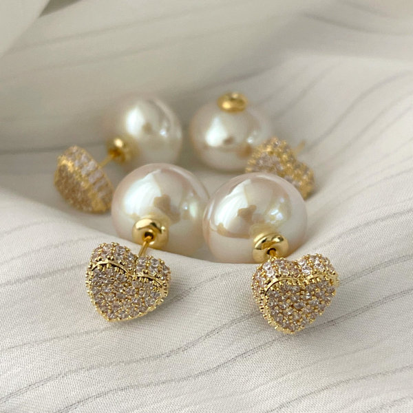 Pave heart pearl earrings