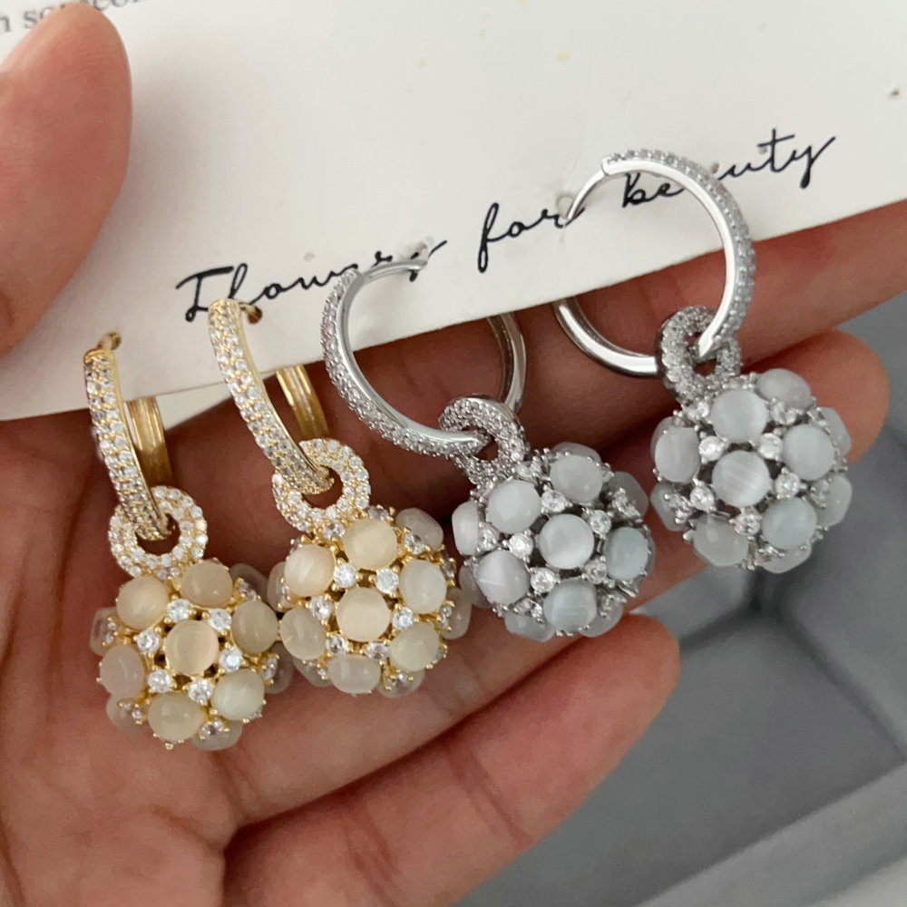 Cat eye drop ball earrings