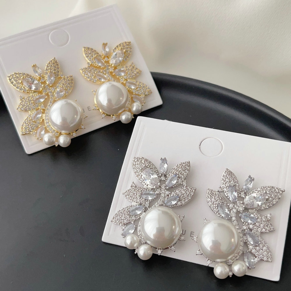 Pave flower pearl earrings