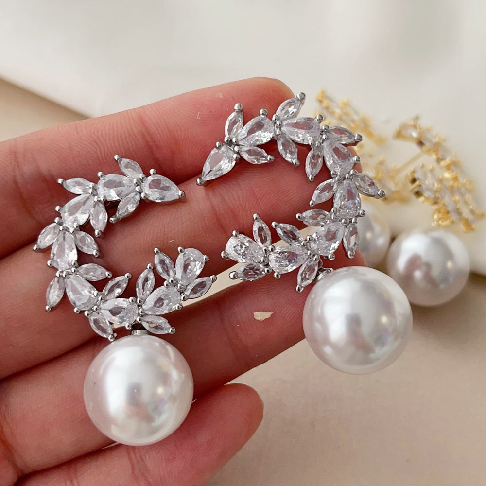 Pave zircon moon pearl earrings
