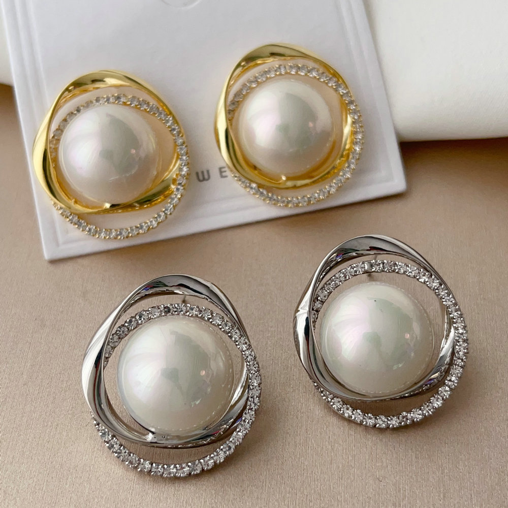 Pave round pearl earrings