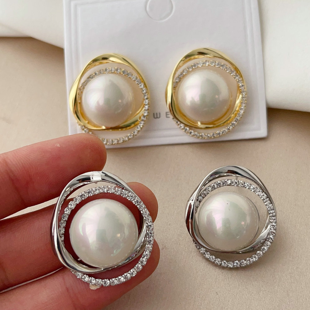 Pave round pearl earrings