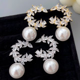 Pave zircon moon pearl earrings