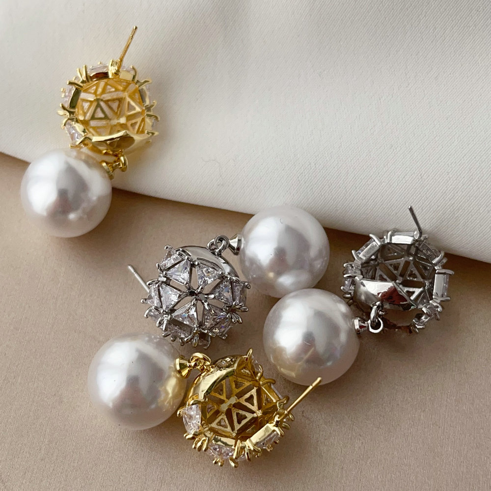 pave zircon ball pearl earrings