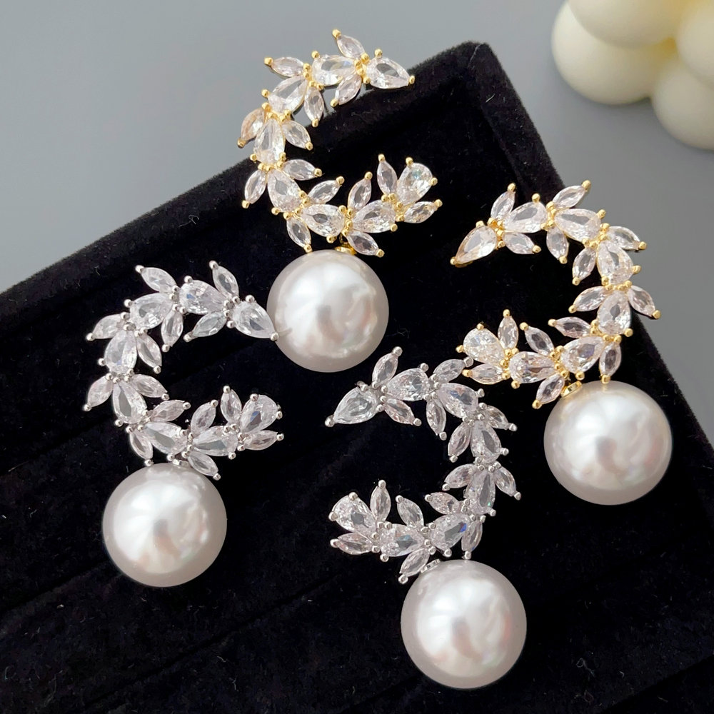 Pave zircon moon pearl earrings