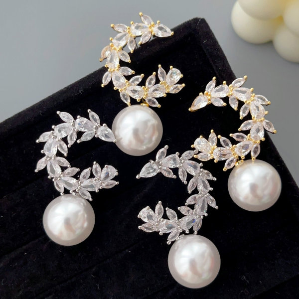 Pave zircon moon pearl earrings