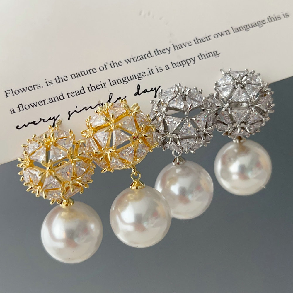 pave zircon ball pearl earrings