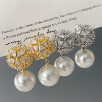 pave zircon ball pearl earrings