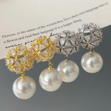 pave zircon ball pearl earrings