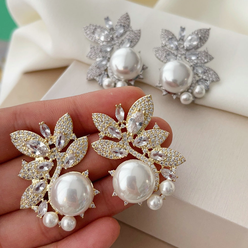 Pave flower pearl earrings