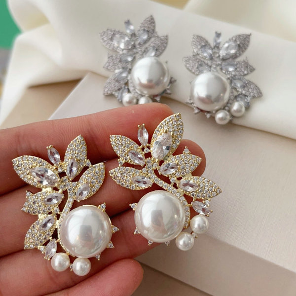 Pave flower pearl earrings