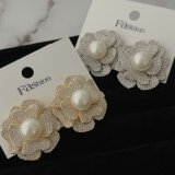 Pave zircon flower pearl earrings