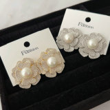 Pave zircon flower pearl earrings