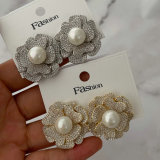 Pave zircon flower pearl earrings
