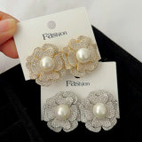 Pave zircon flower pearl earrings