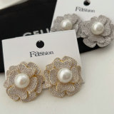 Pave zircon flower pearl earrings