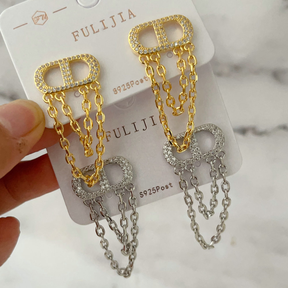 Pave cd chain tassel earrings