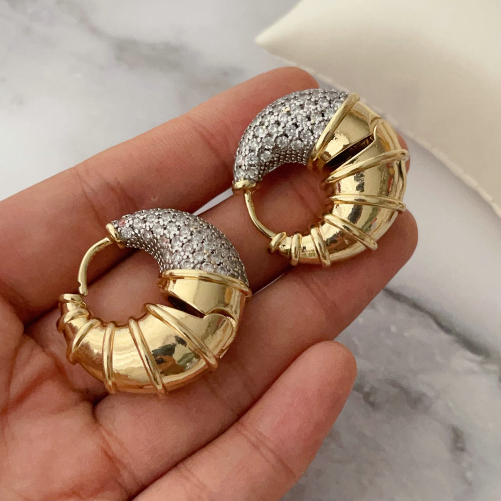 Pave chunky zircon two color earrings