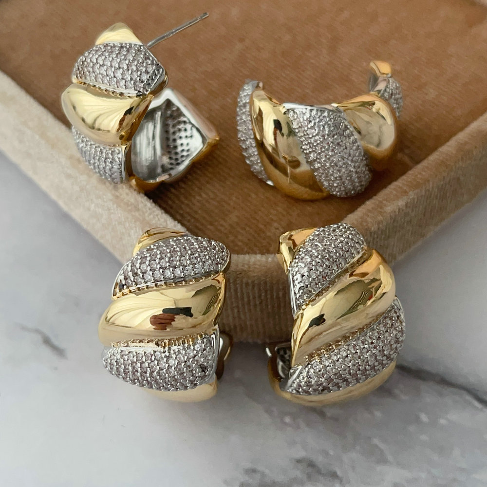 Pave two tone croissant earrings
