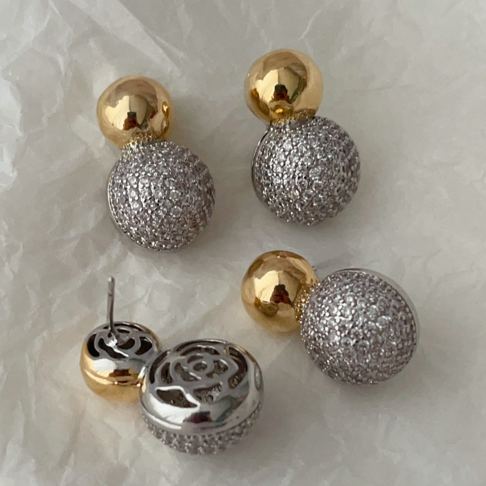 Pave two tone ball earrings
