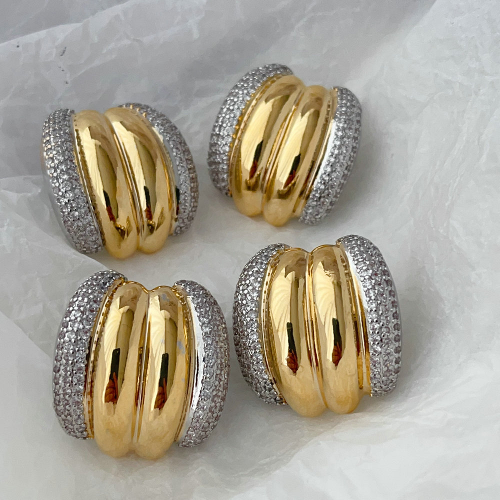 Pave chunky two tone croissant earrings