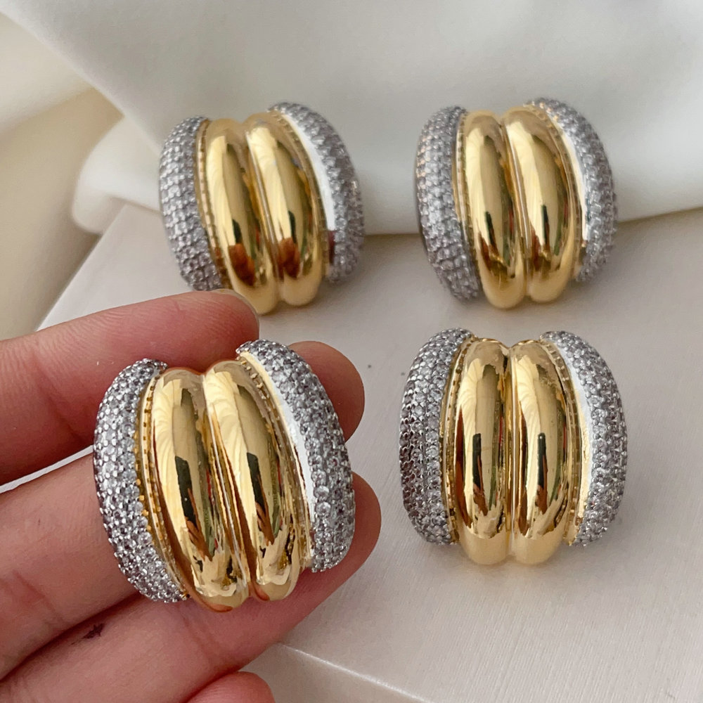 Pave chunky two tone croissant earrings
