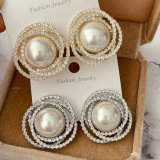 Pave zircon circle pearl earrings