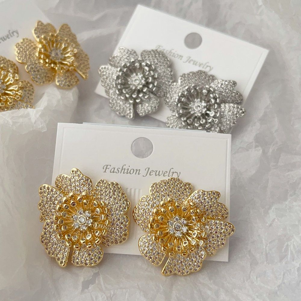 Pave zircon flower earrings
