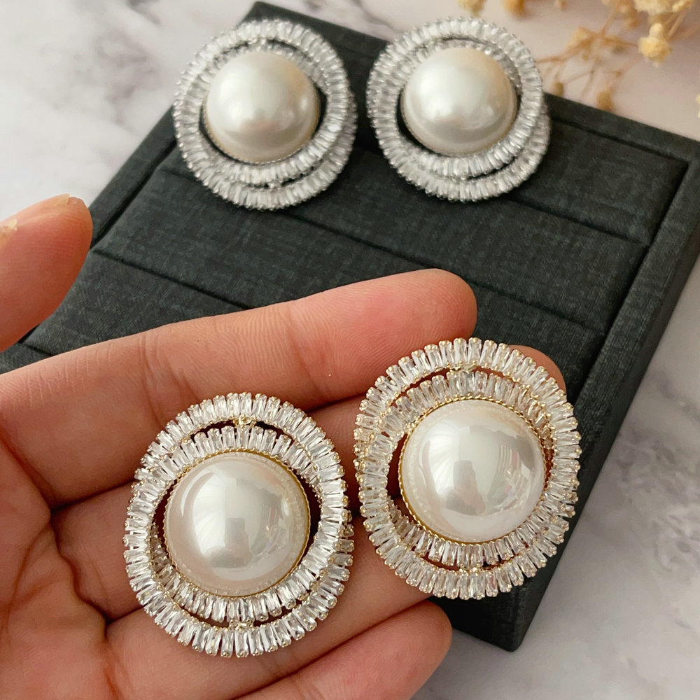 Pave zircon circle pearl earrings
