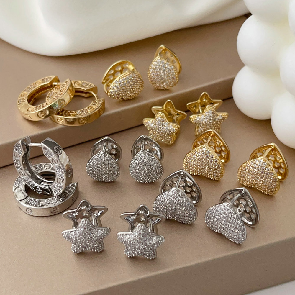 Pave zircon star heart earrings