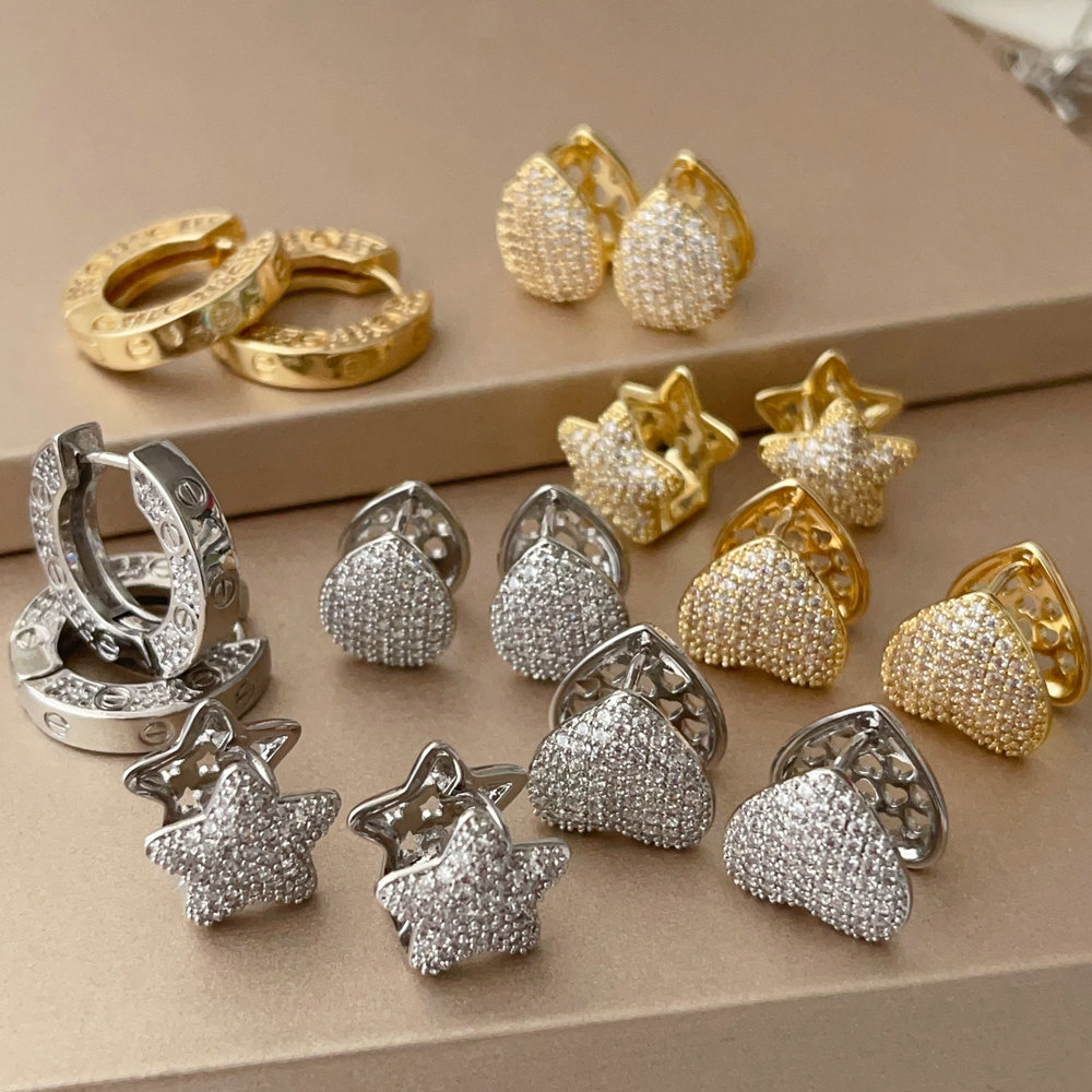 Pave zircon star heart earrings