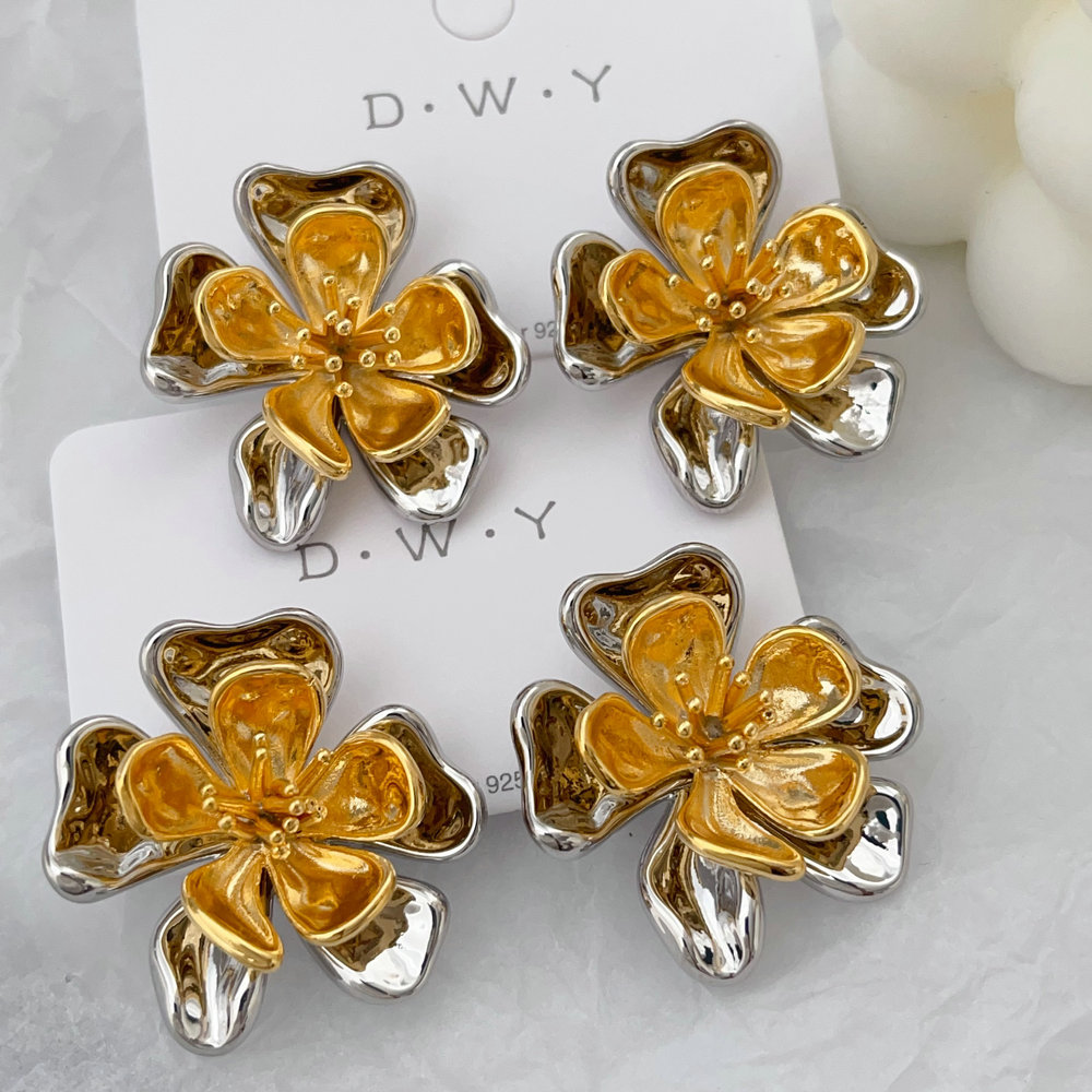 Chunky metal two tone flower earrings