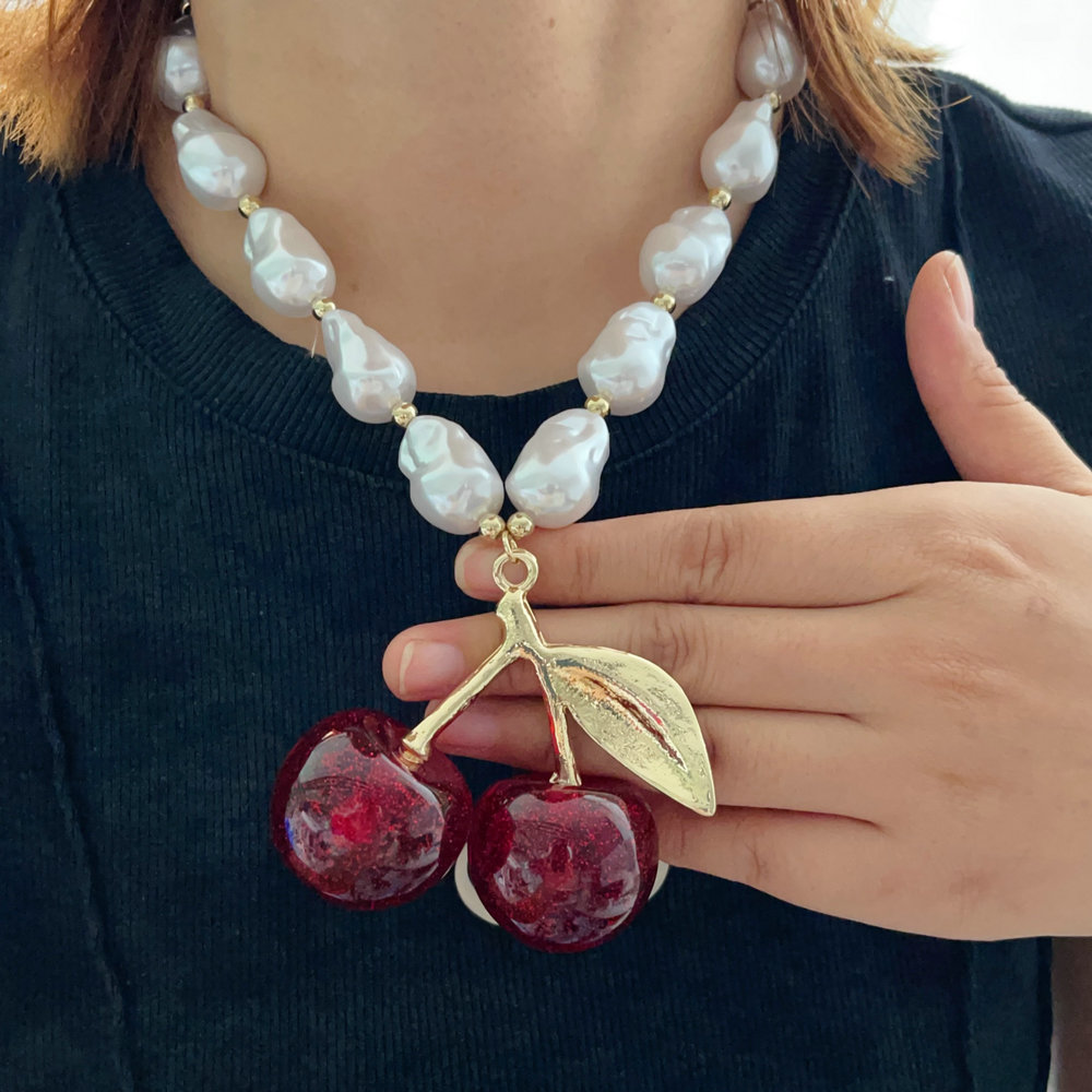 Chunky glass pearl big cherry necklace