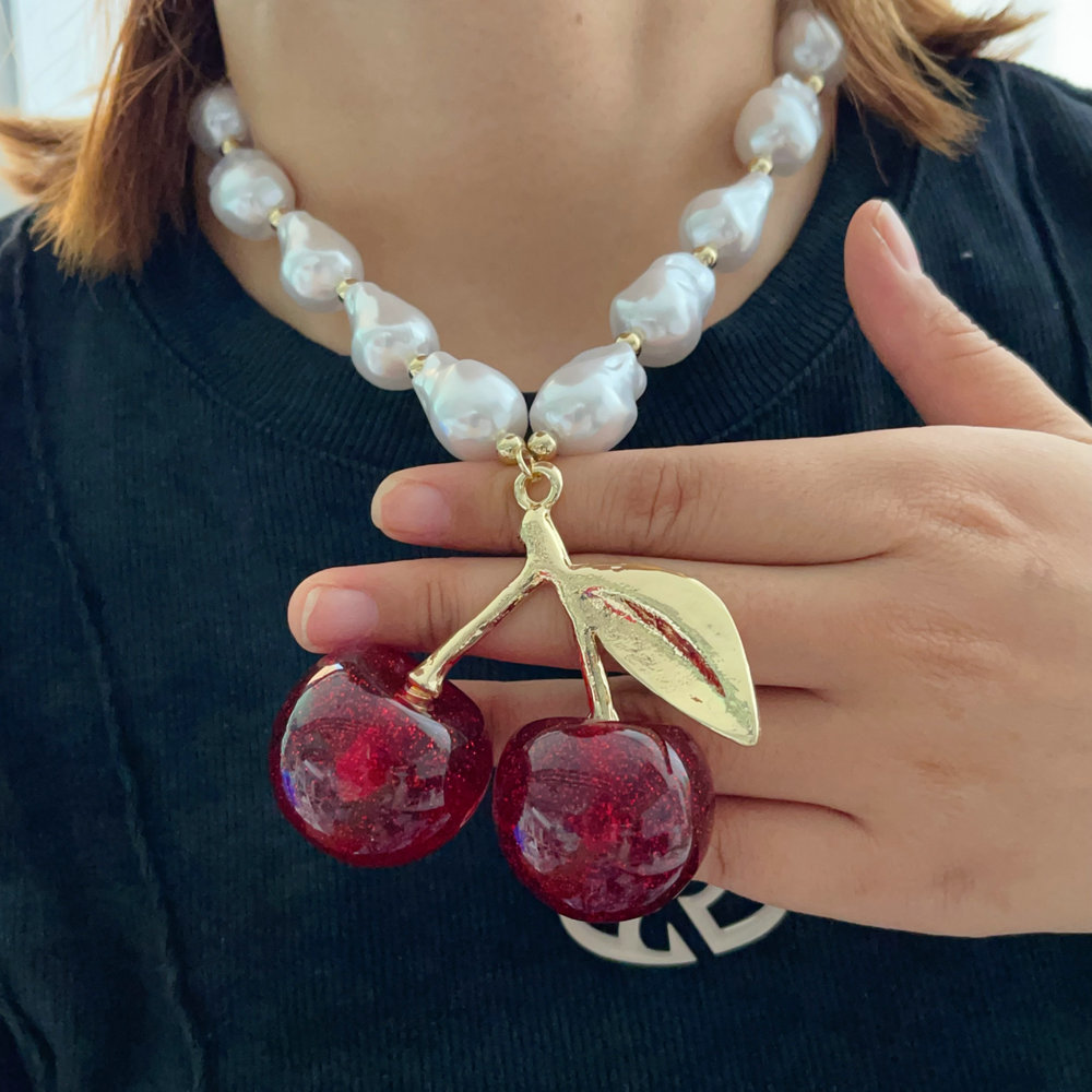 Chunky glass pearl big cherry necklace