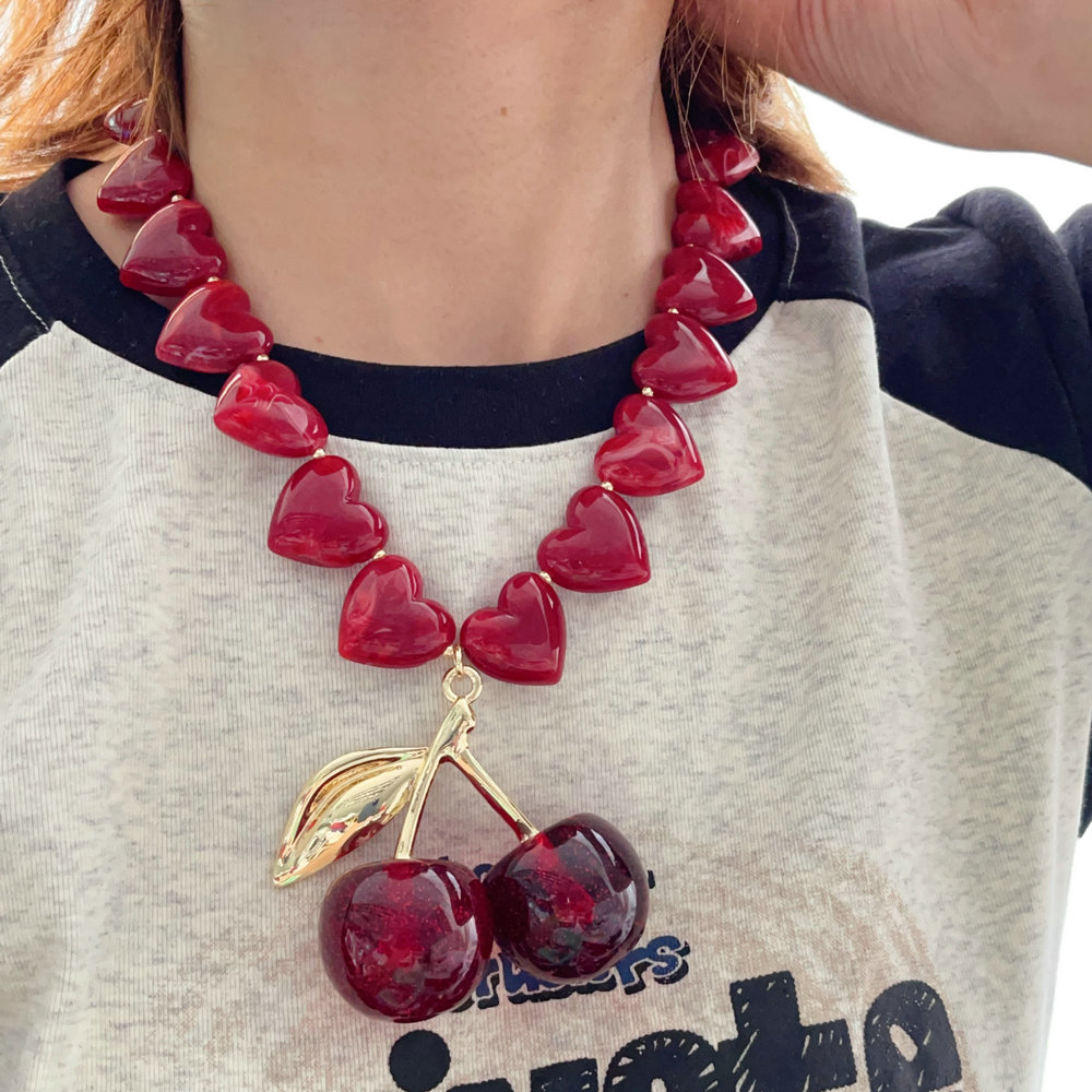 Big chunky cherry pendant heart necklace