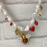 Bee charm glass pearl necklace