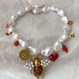 Bee charm glass pearl necklace